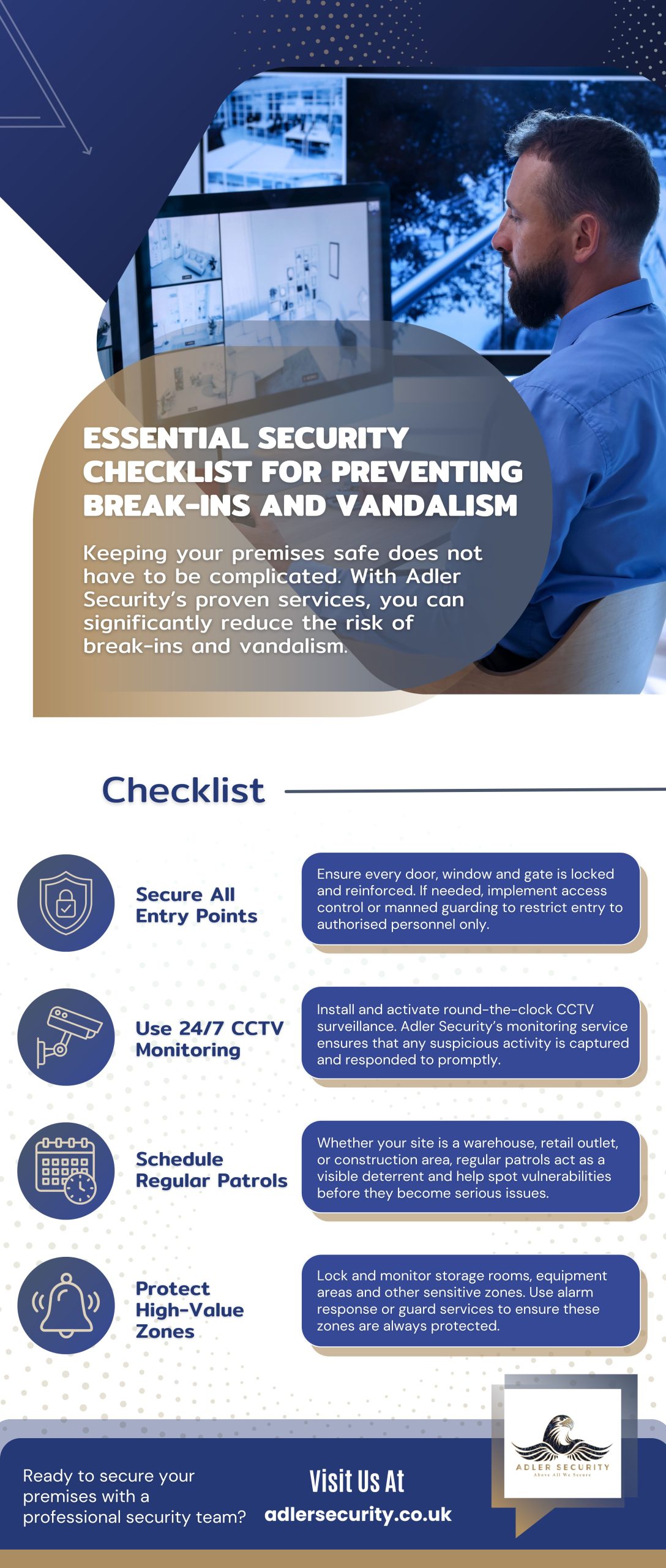 An infographic by Adler Security outlining a step-by-step checklist for preventing break-ins and vandalism, including securing entry points, 24/7 CCTV monitoring, regular patrols, and protecting high-value areas through alarm response and professional guard services.