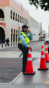 Security personnel managing access control at an office entrance