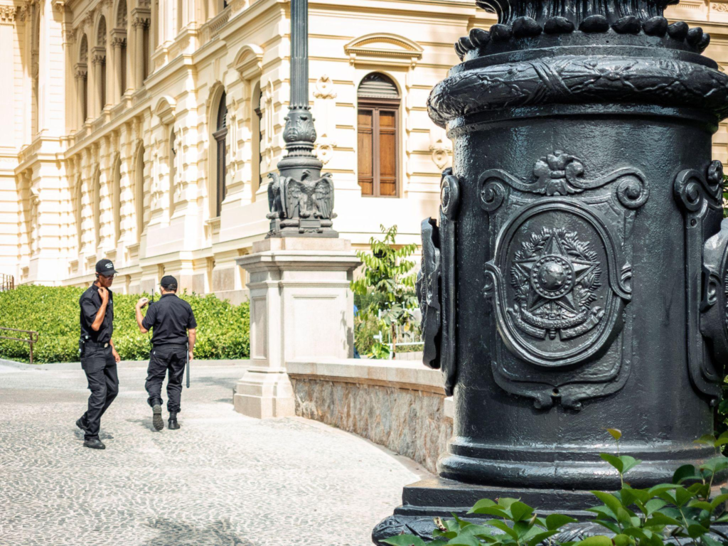 two guards standing outside a building