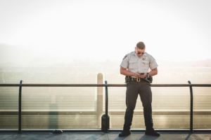 a guard stationed on top of a building